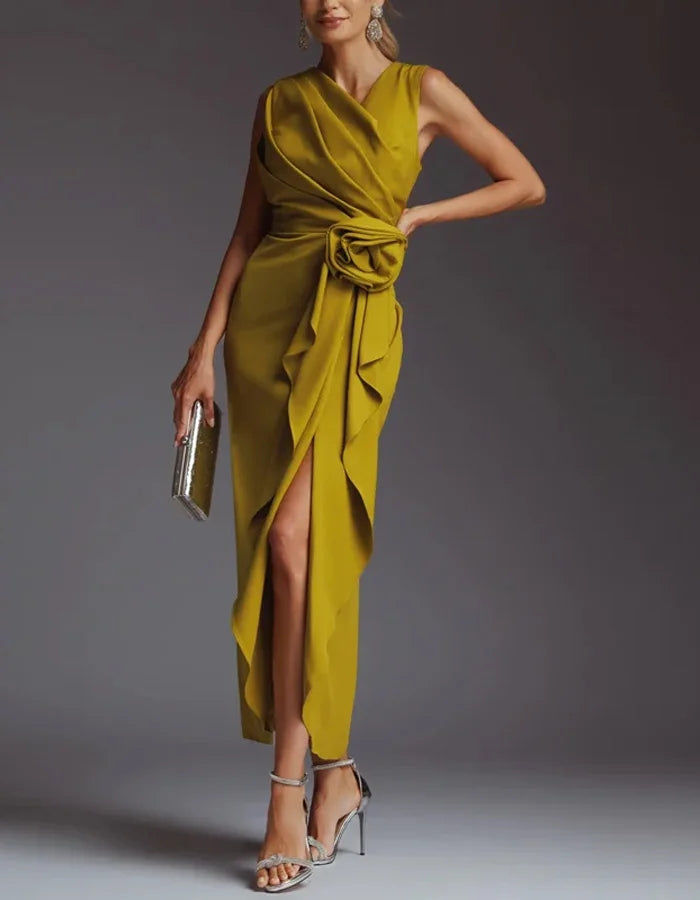 Sophisticated Satin Midi Dress with Draped Bodice and Floral Waist