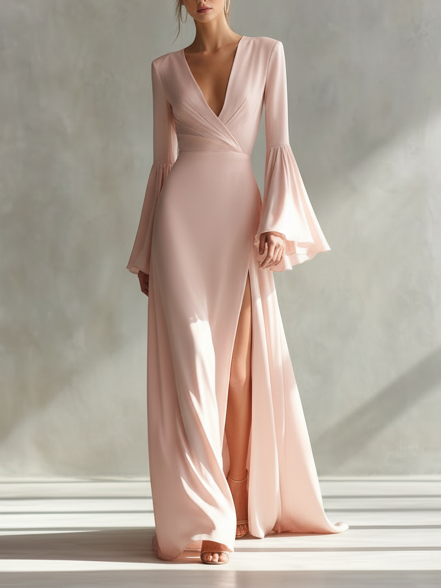 Women's Blush Pink Satin Deep V-Neck Flared Sleeve Gown