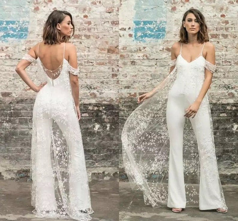 Wedding Bridal Jumpsuit, Sexy Wedding dress with Lace open back,Beautiful Formal outfit
