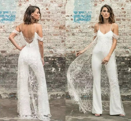 Wedding Bridal Jumpsuit, Sexy Wedding dress with Lace open back,Beautiful Formal outfit