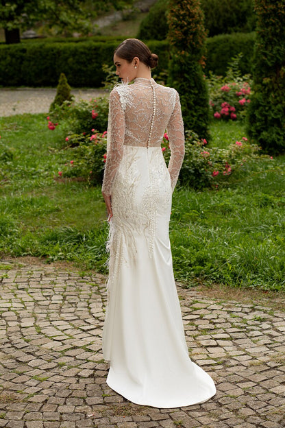 Sheath wedding dress Steis, Satin Ivory Lace Long sleeves wedding dress