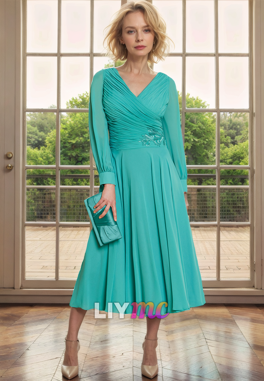 M1101 - Mother of Bride Long Sleeves Pleated Chiffon A-Line Wedding Guest Dress