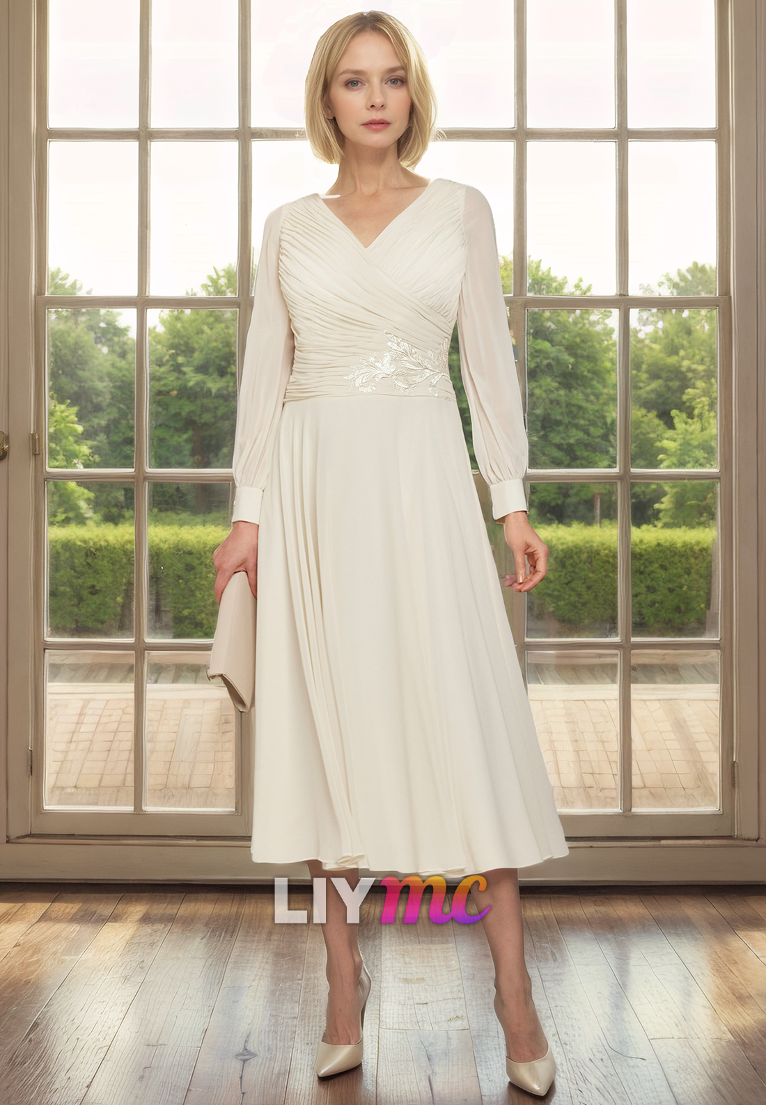 M1101 - Mother of Bride Long Sleeves Pleated Chiffon A-Line Wedding Guest Dress