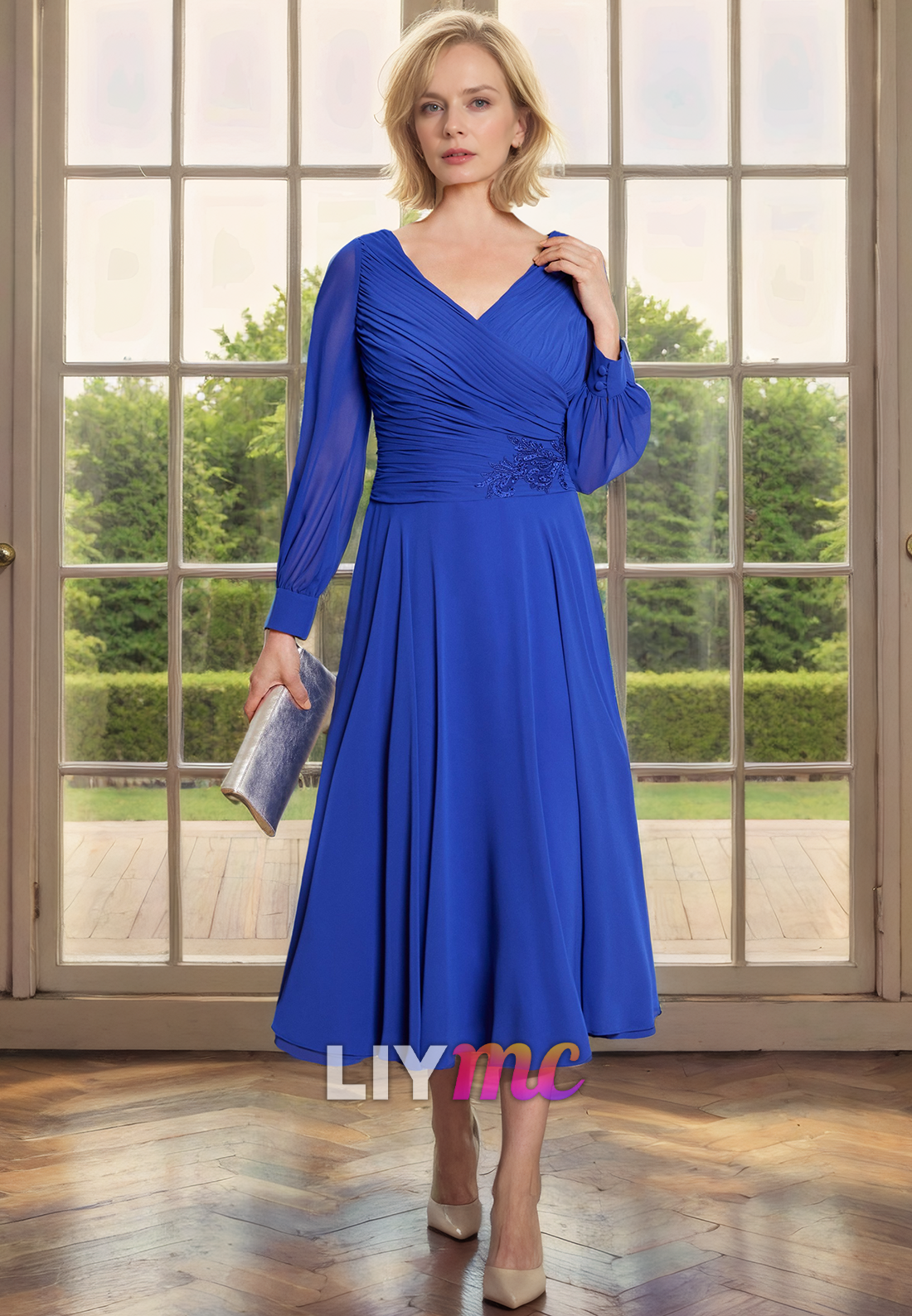 M1101 - Mother of Bride Long Sleeves Pleated Chiffon A-Line Wedding Guest Dress