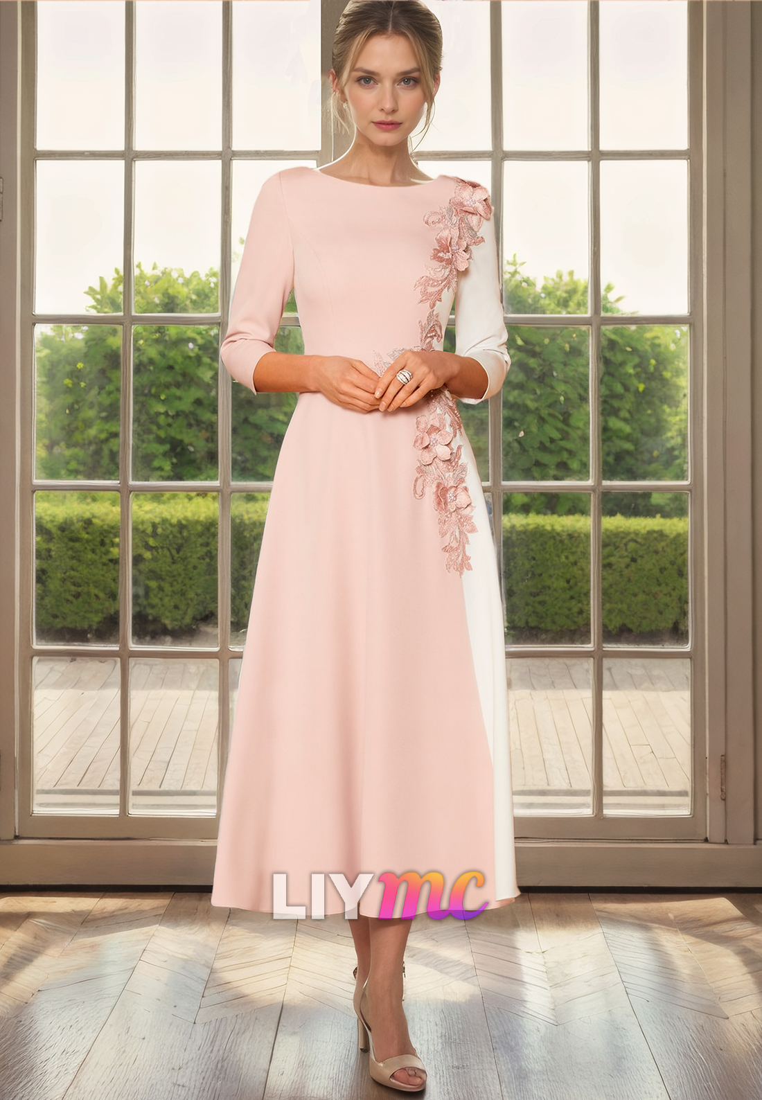 Scoop Long Sleeves Floral Pleated Sleek Satin Mother of Bride Dress Cocktail Dress