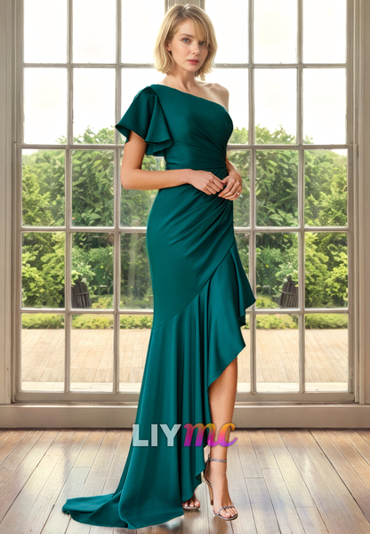 M1314 - Asymmetrical Sleeves Ruched Pleated High Slit Mother of Bride Dress Cocktail Dress