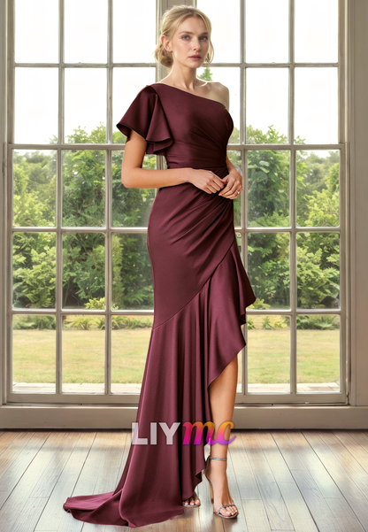 M1314 - Asymmetrical Sleeves Ruched Pleated High Slit Mother of Bride Dress Cocktail Dress