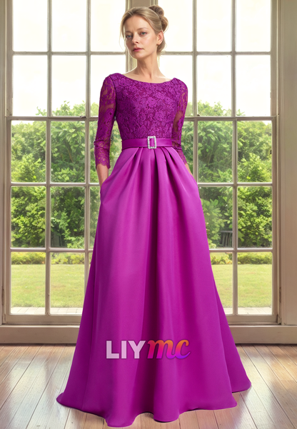 M1113 - Bateau Long Sleeves Appliques Pleated Sleek Satin A-Line Wedding Guest Dress