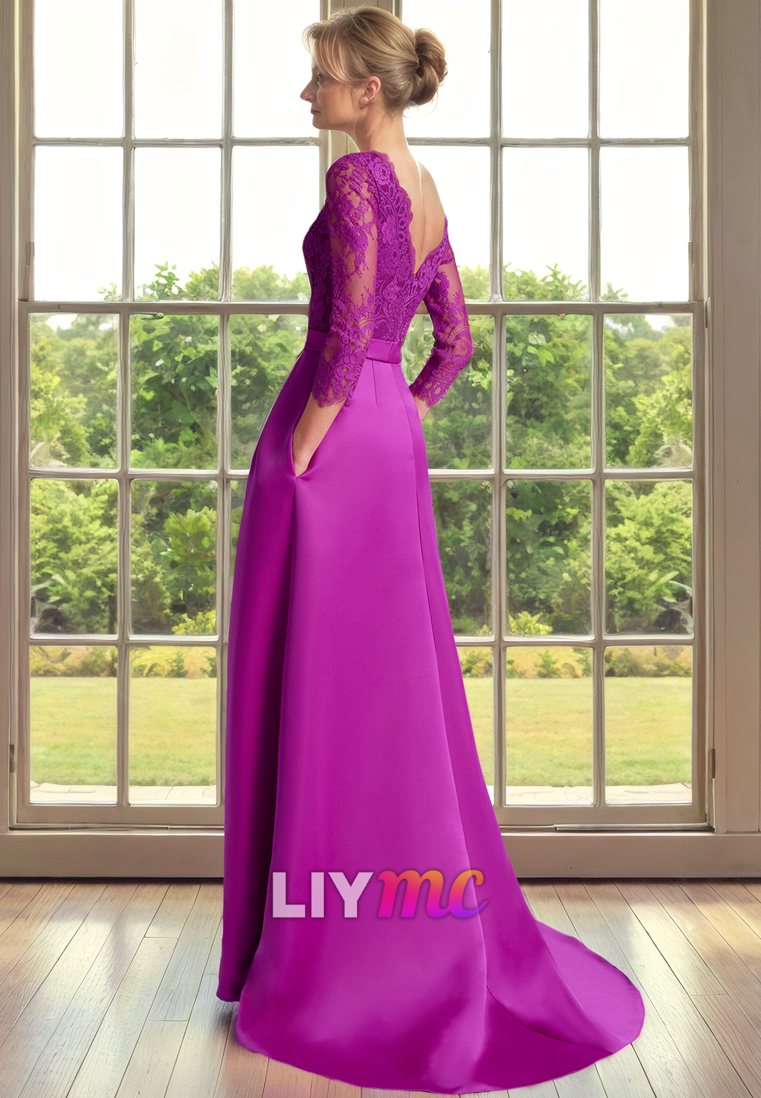 M1113 - Bateau Long Sleeves Appliques Pleated Sleek Satin A-Line Wedding Guest Dress