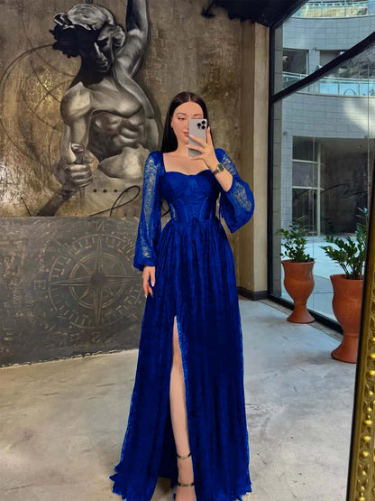 Sweetheart Long Sleeves Pleated Long A Line Prom Dress With Split And Lace