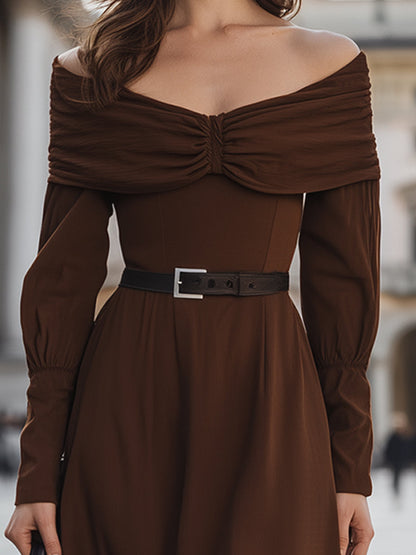 Elegant Plain Off-Shoulder Belted Midi Dress