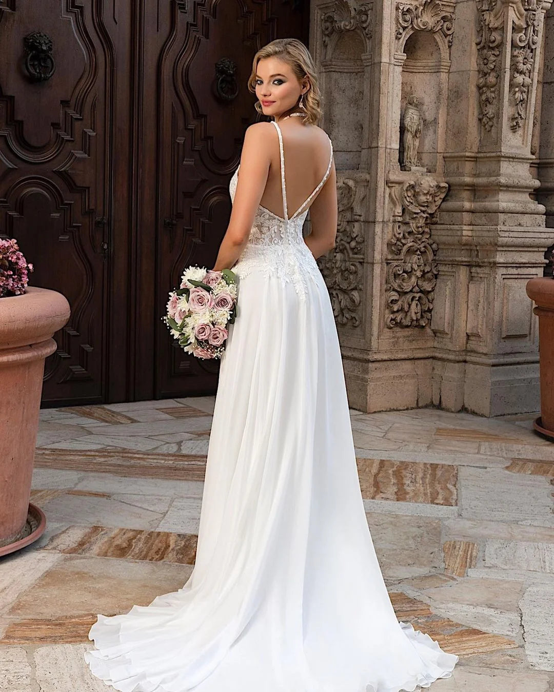 Simple Long A-line Split V-neck Wedding Dress With Chiffon Lace