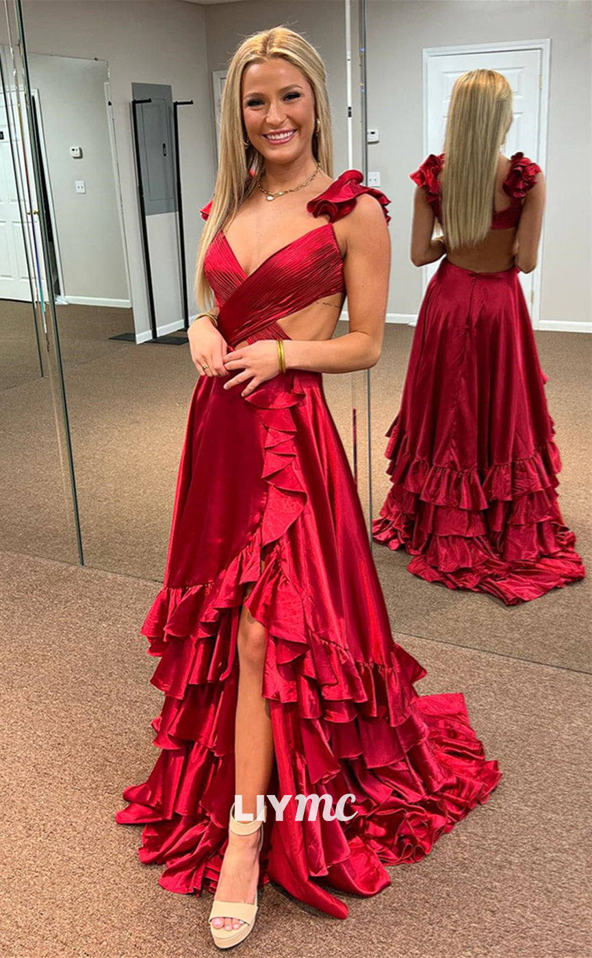 LP777 - A Line V neck Draped Long Formal Prom Dress with Slit