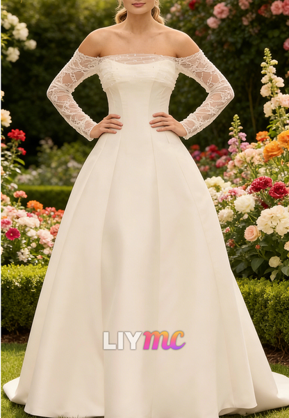 Off-Shoulder Long Sleeves Mikado Satin A-Line Wedding Dress