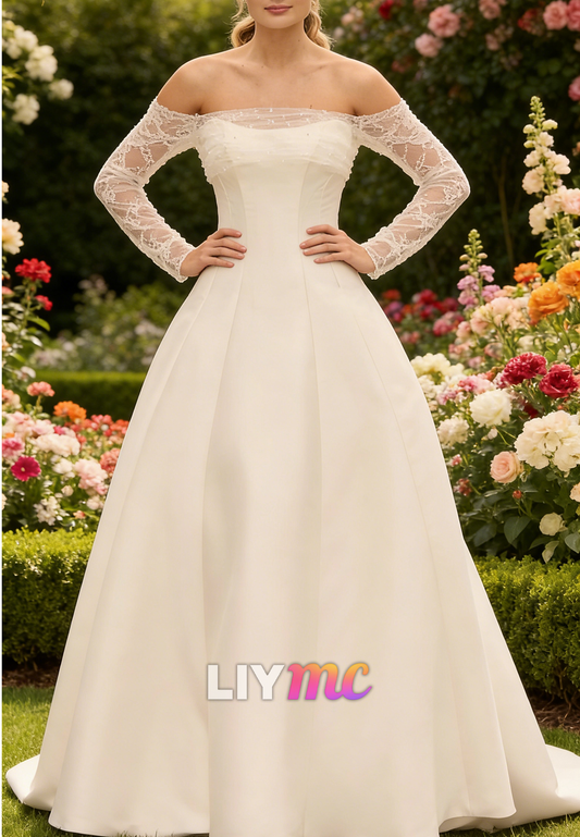 Off-Shoulder Long Sleeves Mikado Satin A-Line Wedding Dress