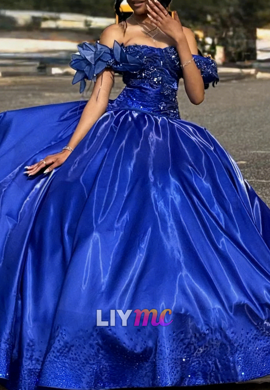 Princess Off-the-shoulder Long Ball Gown Royal Blue Satin Beaded Prom Dress
