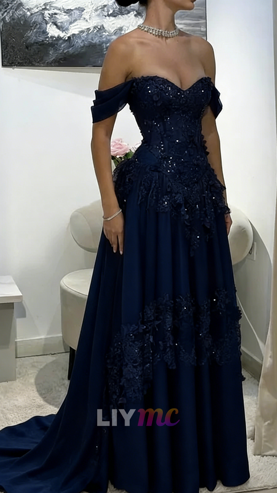 Off-Shoulder Appliques Tulle A-Line Corset Prom Dress