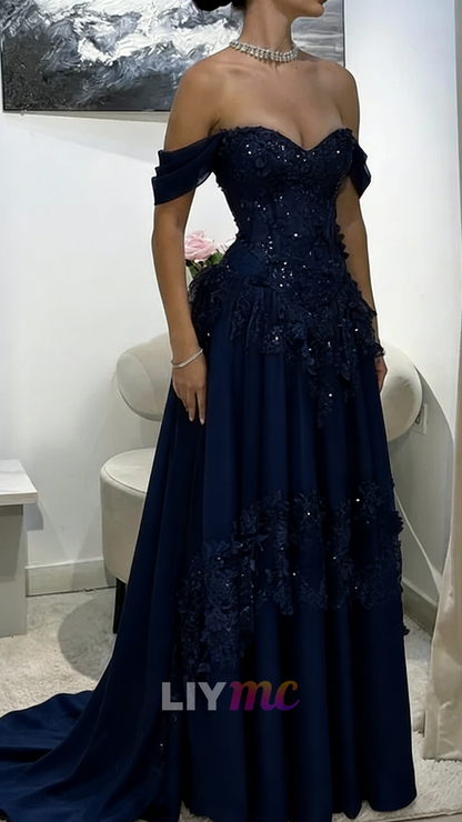 Off-Shoulder Appliques Tulle A-Line Corset Prom Dress