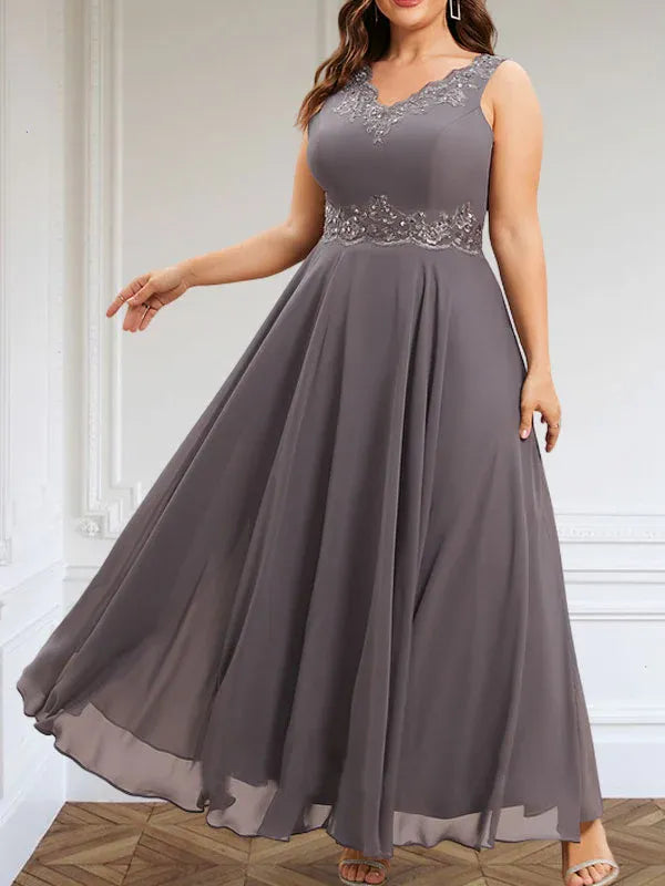 A-line V-Neck Ankle-Length Chiffon Mother of the Bride Dress With Sequins Appliques Lace Beading