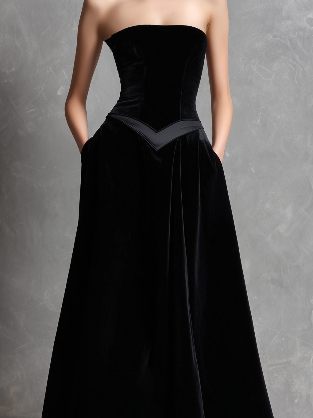 Women's Elegant Black Velvet Strapless Long Evening Dress