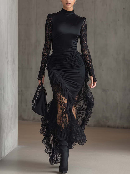 Black Satin Lace Patchwork Asymmetric Hem Bodycon Dress