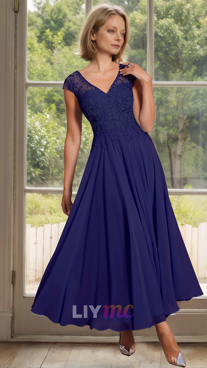 M1156 - V-Neck Sleeveless Appliques A-Line Chiffon Mother of Bride Wedding Guest Dress