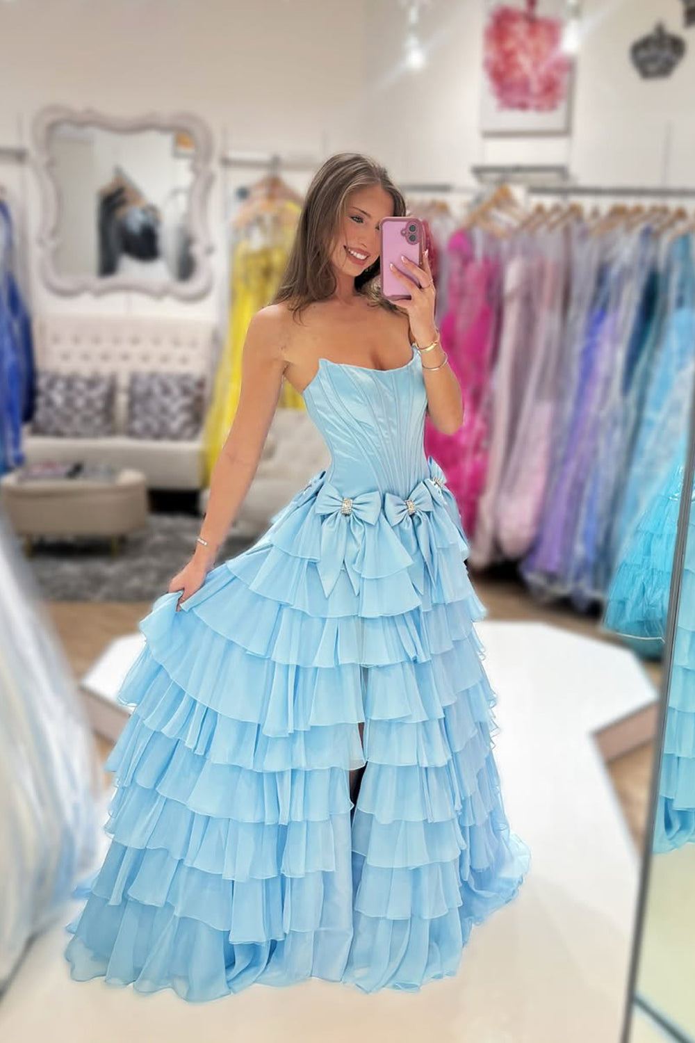 A Line Scoop Neck Light BlueTiered Chiffon Prom Dress with Bow