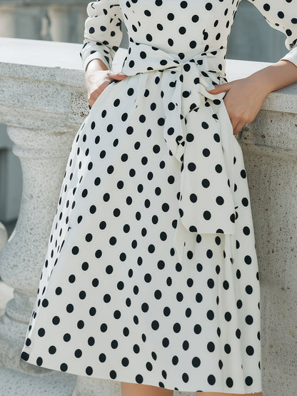 White Polka Dot Midi Dress With Bow Waist Detail