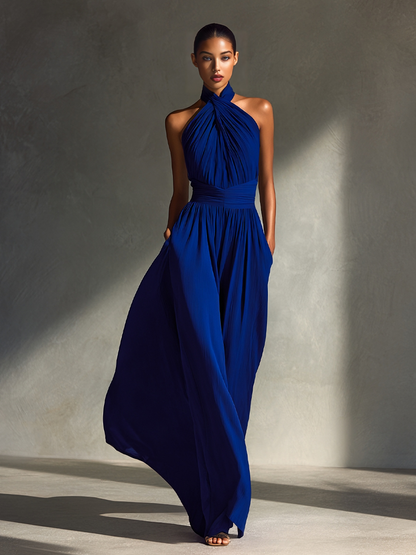 Women's Glamorous Woven Royal Blue Halter Ruched Waist Wide-Leg Pocketed Maxi Dress