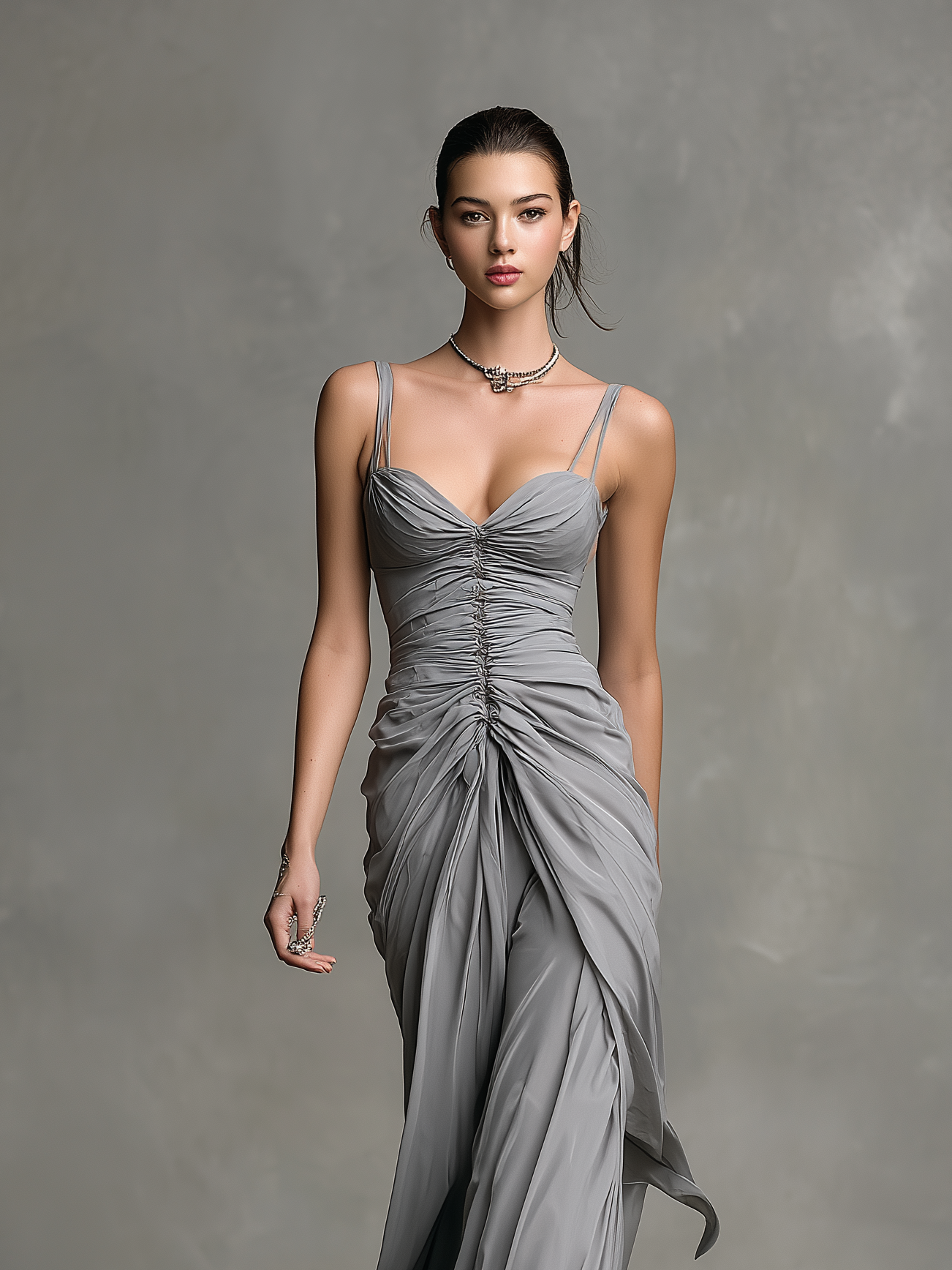 Women's Fashionable Grey Slim-fit Ruched Chiffon Spaghetti Strap Maxi Dress