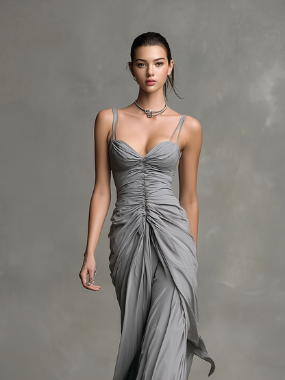 Women's Fashionable Grey Slim-fit Ruched Chiffon Spaghetti Strap Maxi Dress