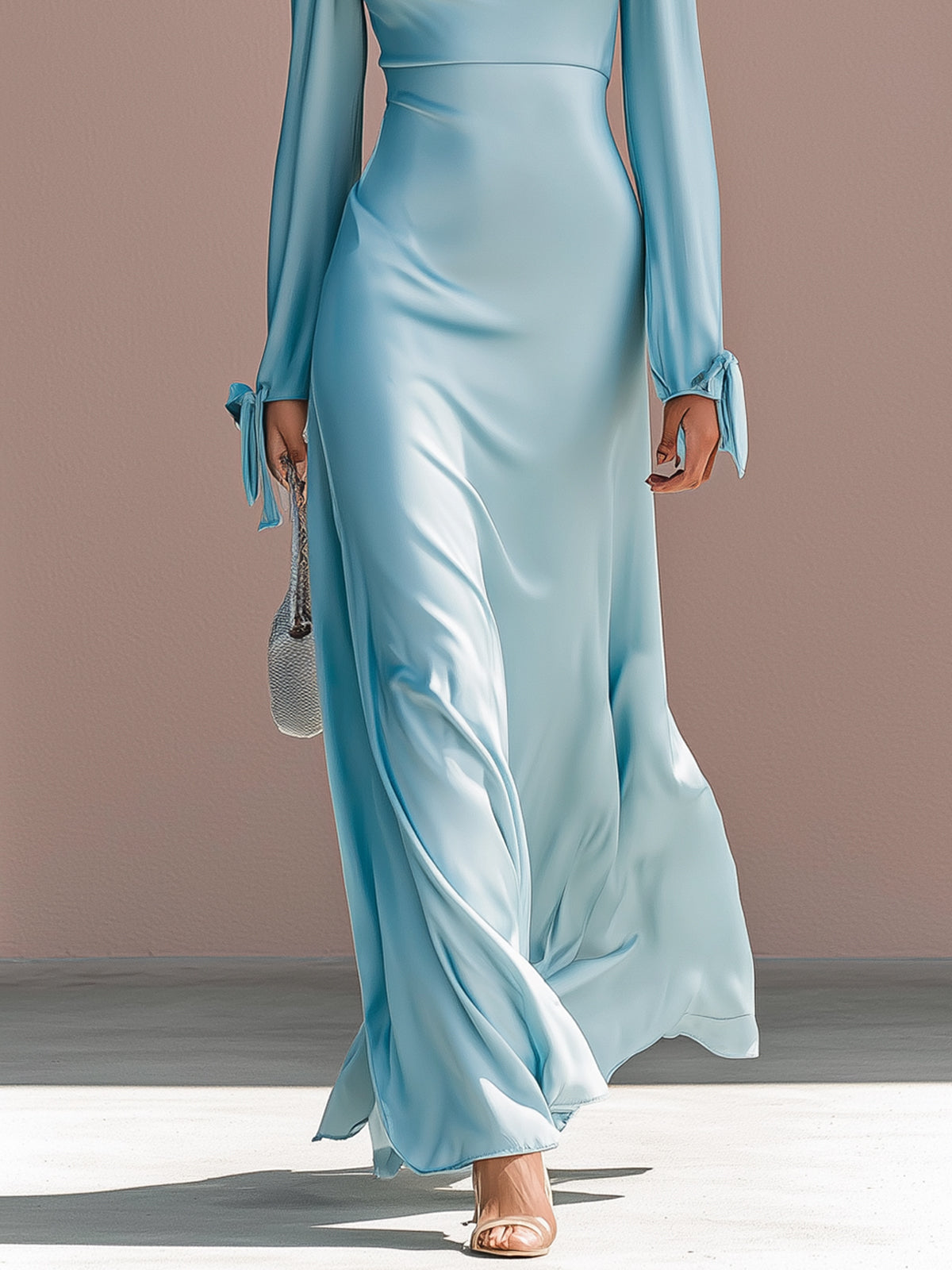 Ice Blue Satin Collar And Flowing Ribbon Long Dress