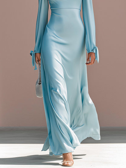 Ice Blue Satin Collar And Flowing Ribbon Long Dress