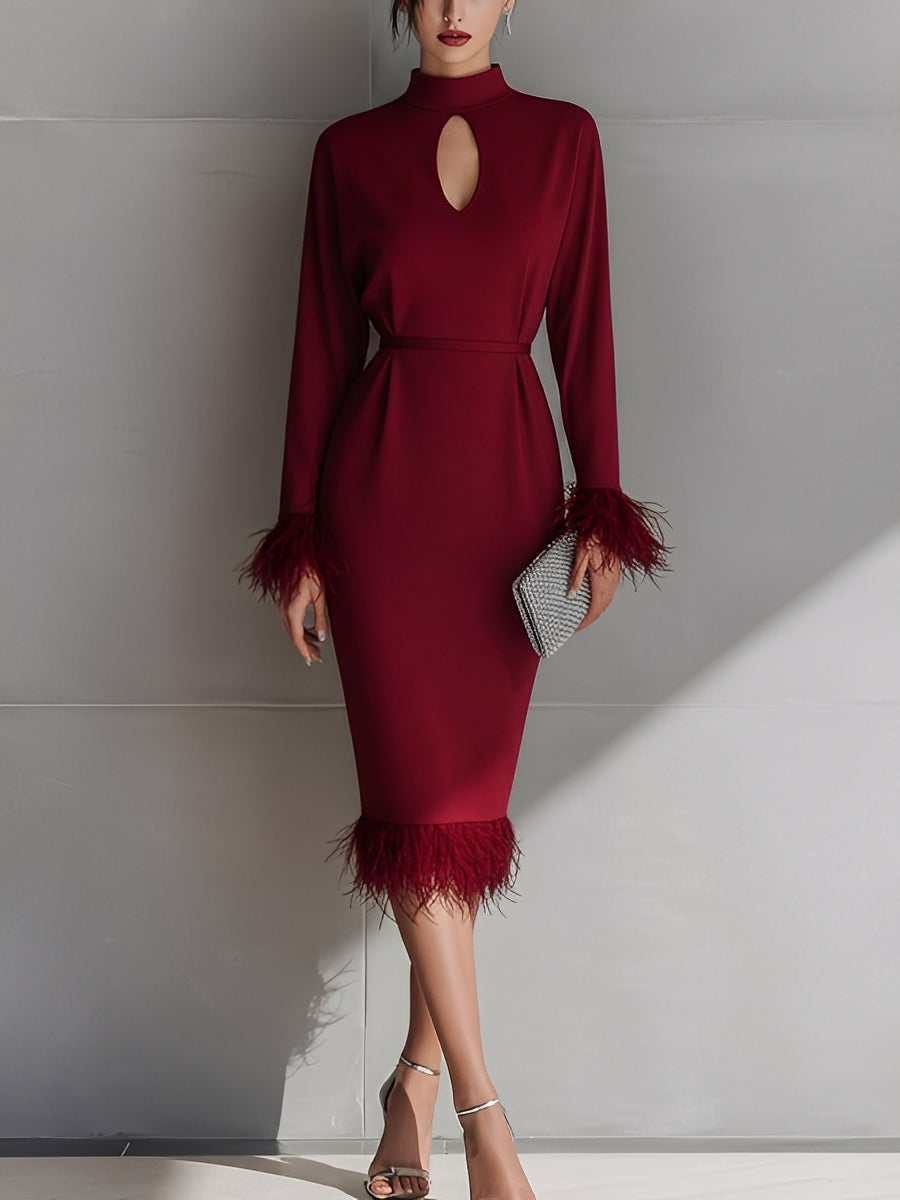 Women's Burgundy Glamorous Crepe Keyhole - Neck Feather - Trimmed Midi Dress