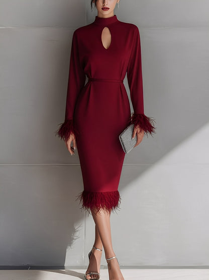 Women's Burgundy Glamorous Crepe Keyhole - Neck Feather - Trimmed Midi Dress