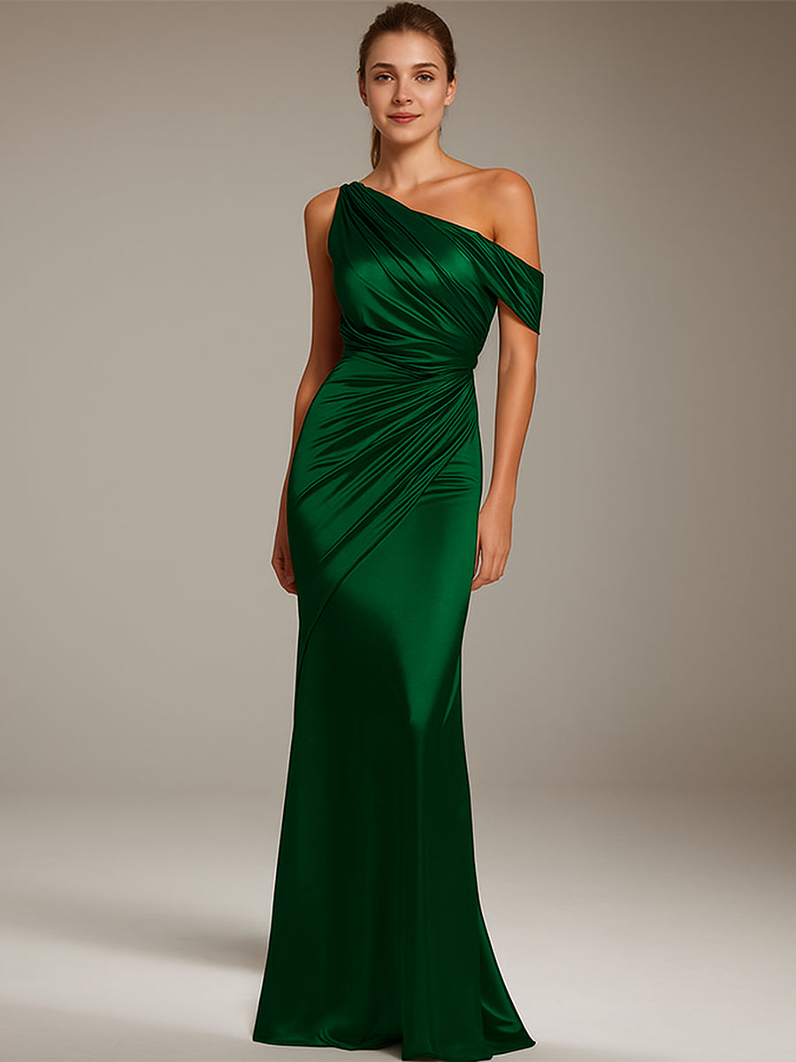Formal Party Satin Dress Silver One-Shoulder Pleated  Floor-Length Dress