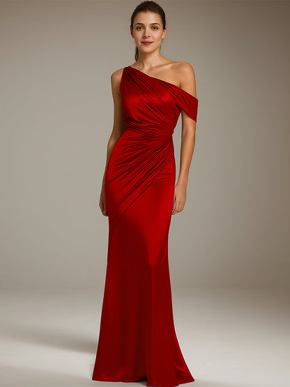 Formal Party Satin Dress Silver One-Shoulder Pleated  Floor-Length Dress