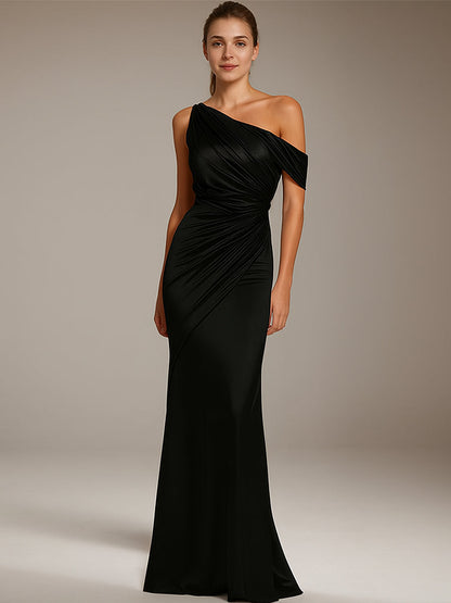 Formal Party Satin Dress Silver One-Shoulder Pleated  Floor-Length Dress