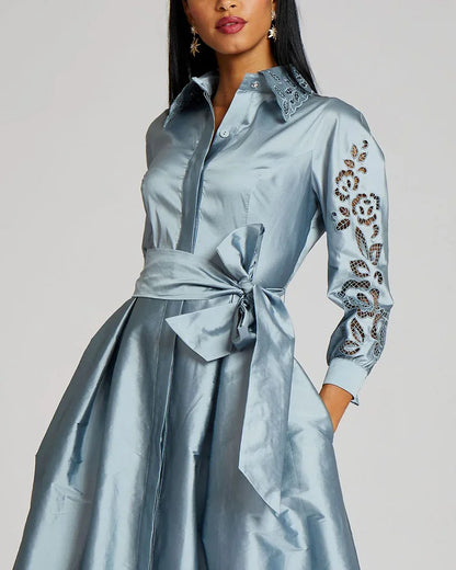 Vintage Taffeta Shirt Dress Gown With Eyelet Sleeve and Collar Mother of the Bride Dress