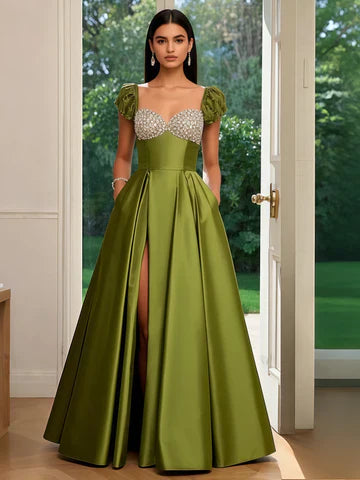 Sweetheart Beading Olive Green Satin Mother of the Bride Dress With Slit