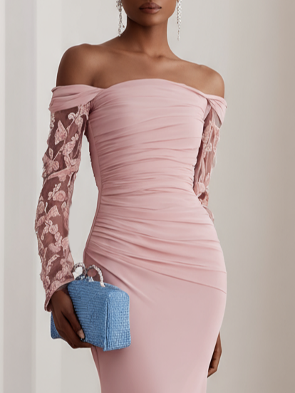 Pink Lace Classic Off The Shoulder Long Sleeve Sheath Gown Dress