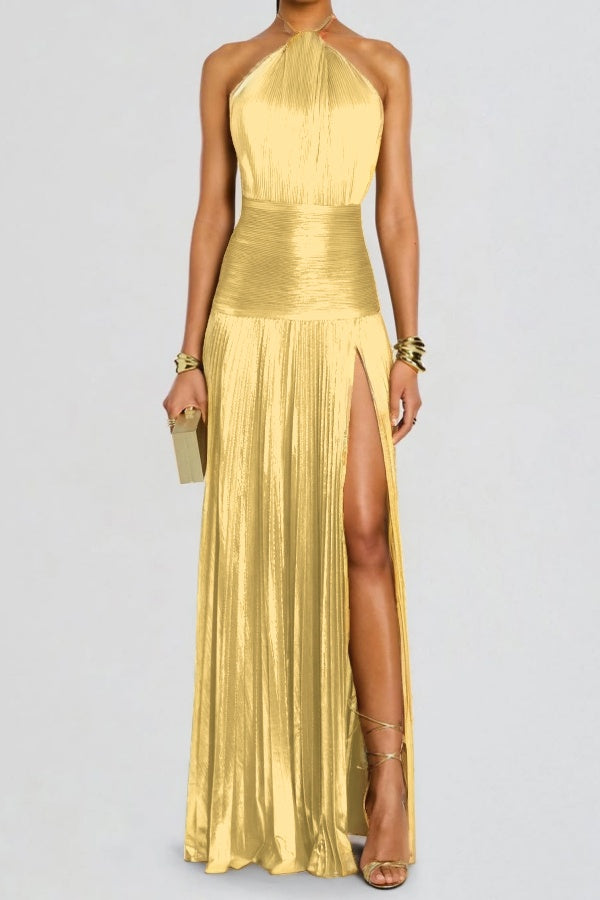 Charming Green Halter Sleeveless Backless Split Prom Dress with Pleated