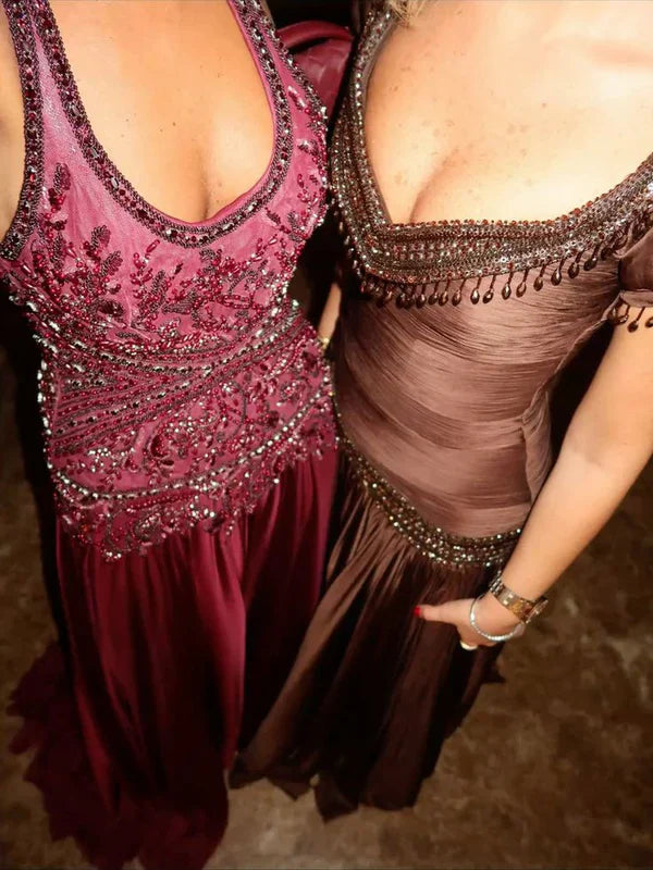 Dark Brown A Line Short Sleeve Beaded Chiffon Long Prom Dress Evening Dress