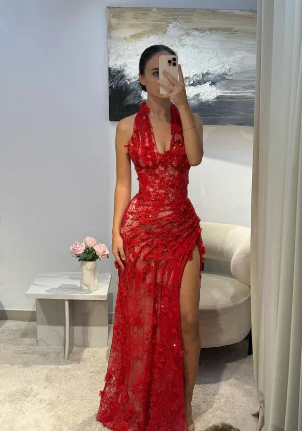 Chic Baby Red Sheath V Neck Beaded 3D Floral Lace Prom Dress Evening Dress