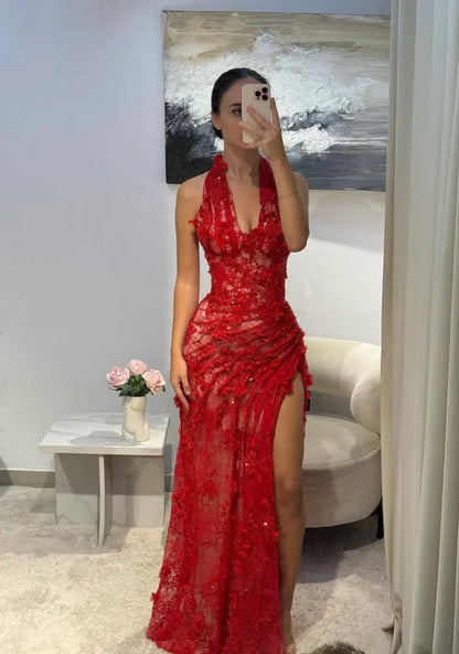 Chic Baby Red Sheath V Neck Beaded 3D Floral Lace Prom Dress Evening Dress