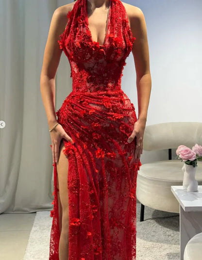 Chic Baby Red Sheath V Neck Beaded 3D Floral Lace Prom Dress Evening Dress