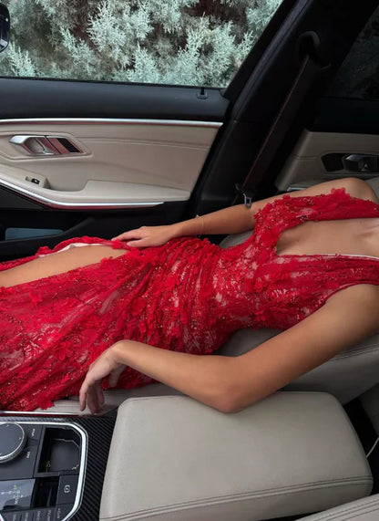 Chic Baby Red Sheath V Neck Beaded 3D Floral Lace Prom Dress Evening Dress