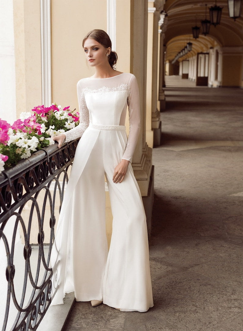 Beautiful Casual Long Sleeve Bridal Wedding Jumpsuit Simple White Wide Leg Mock Skirt
