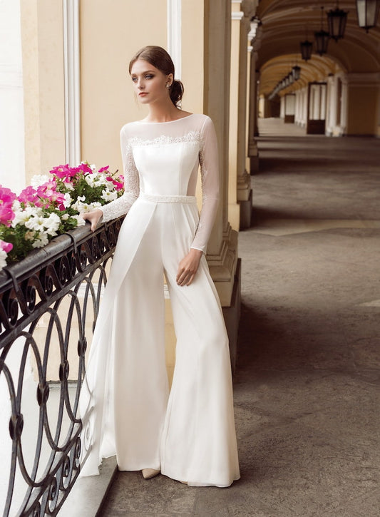 Beautiful Casual Long Sleeve Bridal Wedding Jumpsuit Simple White Wide Leg Mock Skirt