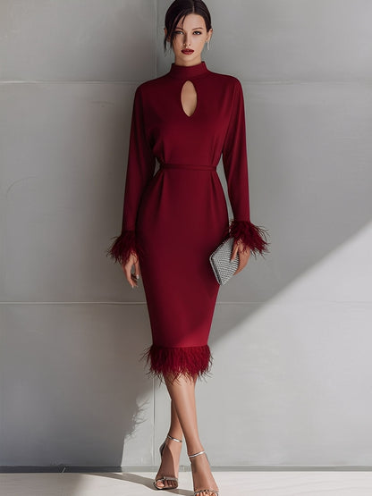 Women's Burgundy Glamorous Crepe Keyhole - Neck Feather - Trimmed Midi Dress